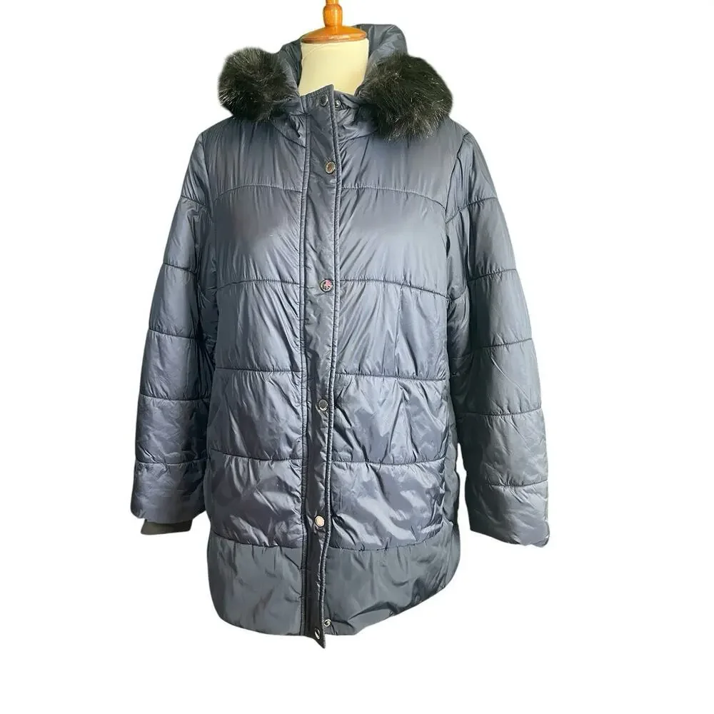 Isaac Mizrahi Live! Puffer Coat w/ Faux Fur Trim Hood Dark Navy Women Size M - Picture 3 of 12